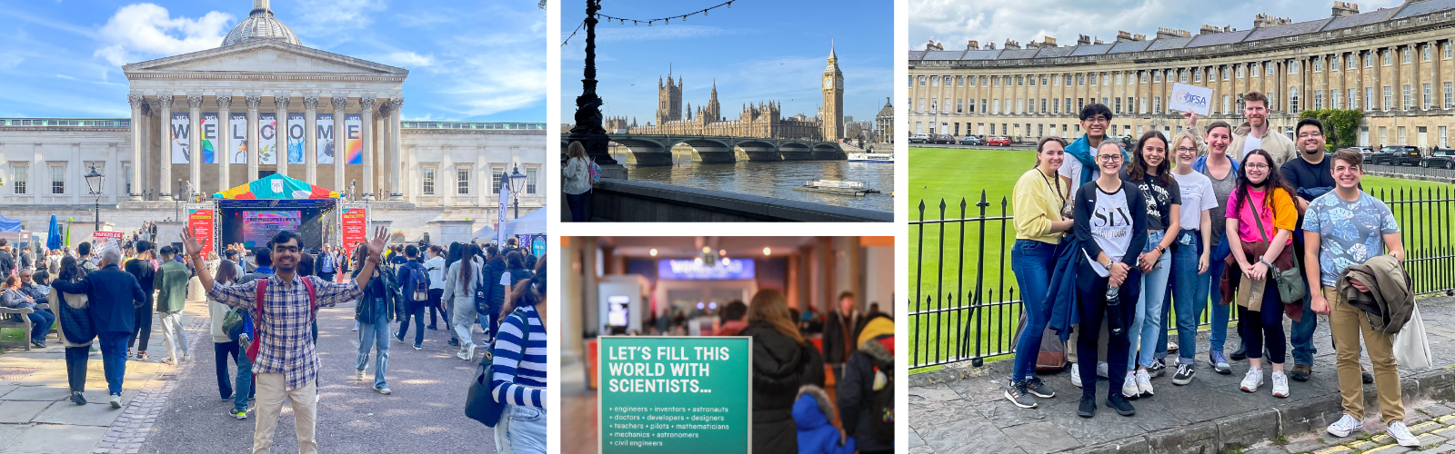 Collage of four photos highlighting the iconic landmarks of London and the student life of London.